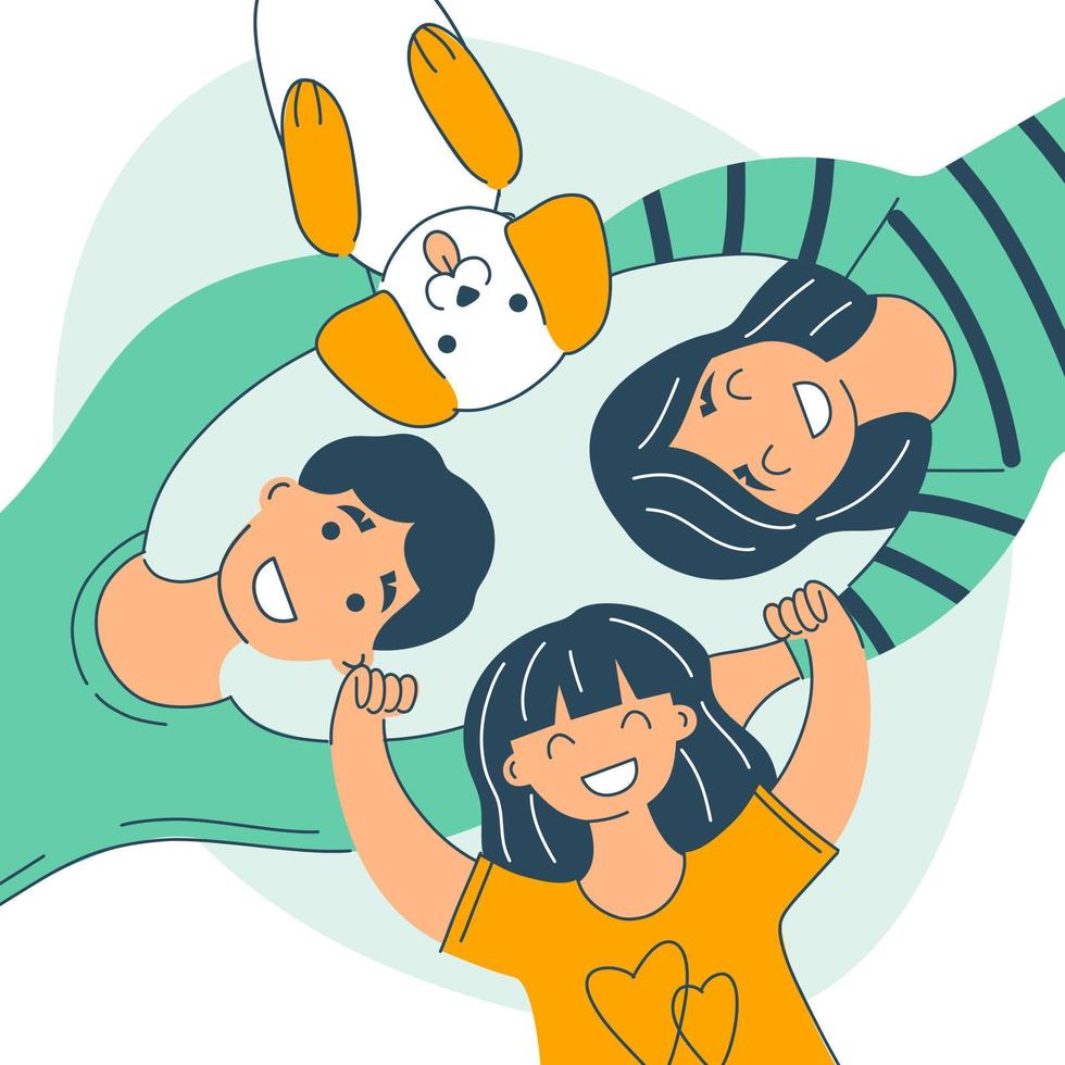 Top view Happy family together parents and little daughter with pet dog. Lying on and smiling. Spent time together. Strong relationships vector