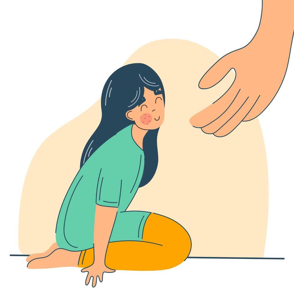 Care, compassion, protection and support concept. Helping hand to girl vector isolated flat character on white background. Help to others, caring for others, support.