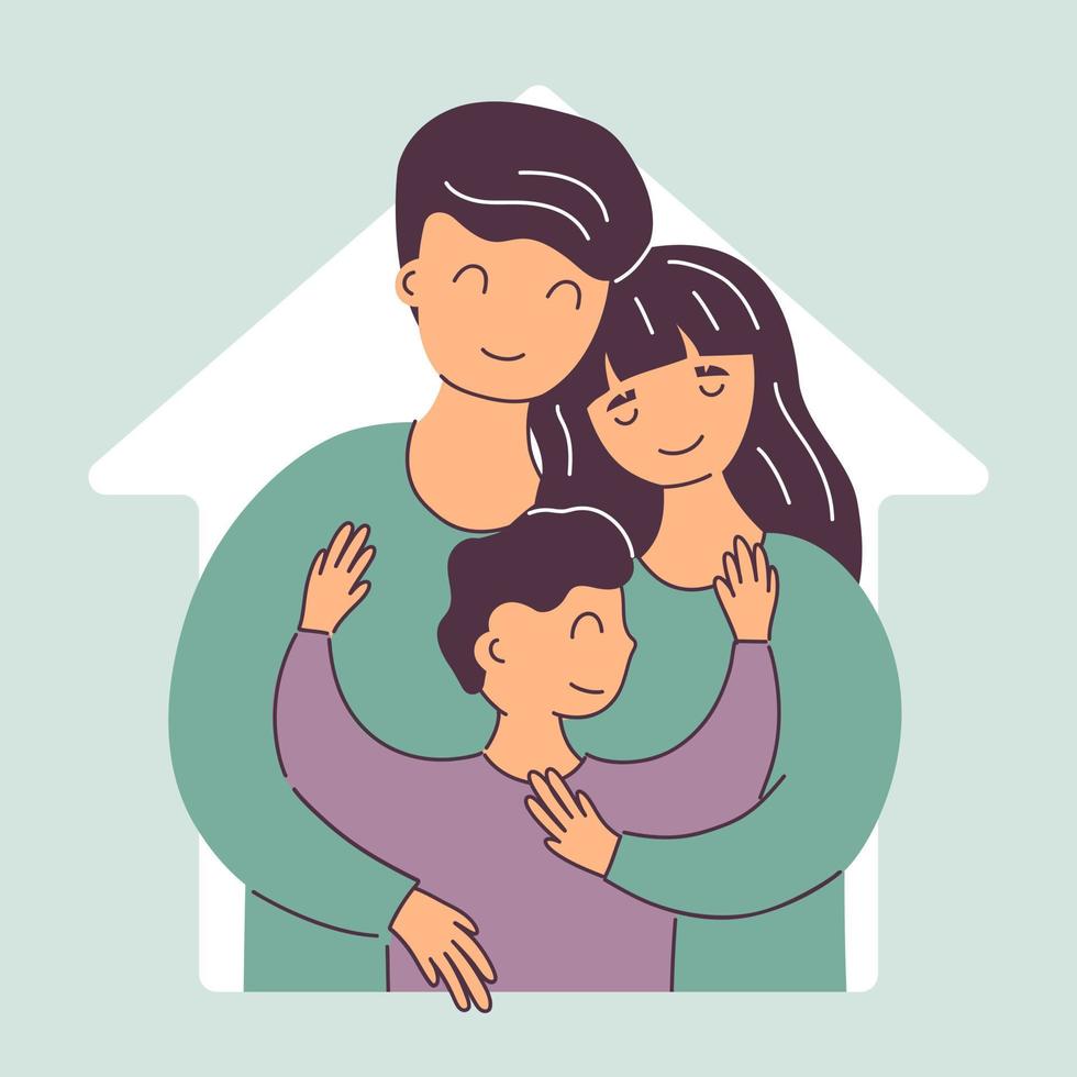 Home sweet home concept flat vector cartoon cute Illustration. Happy family hugs mother, father and child. Love to home. Home is where your family is