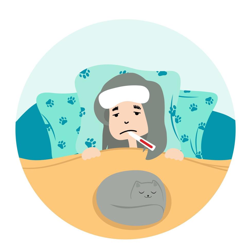 Sick girl at home. Measures temperature  in bad. Character Flu, Influenza Symptoms, Virus Disease, Illness Concept. Cartoon Vector illustration. Laying in bed on pillows with cat.