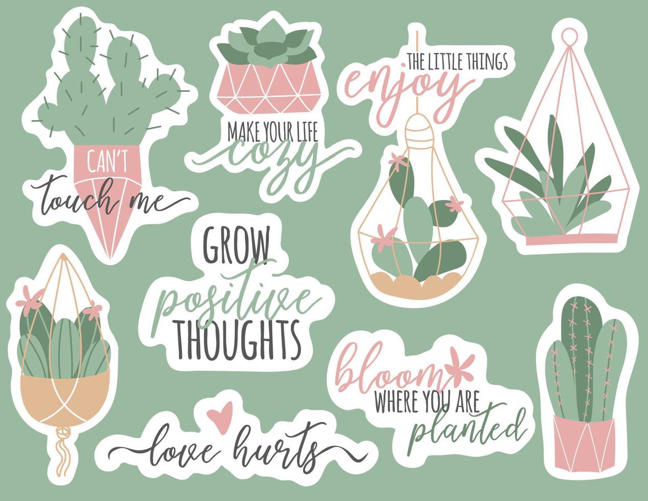 Vector set of cozy cute stickers with cactus and succulent. Inspiration quotes. Home gardening. House plants. Botany decoration.