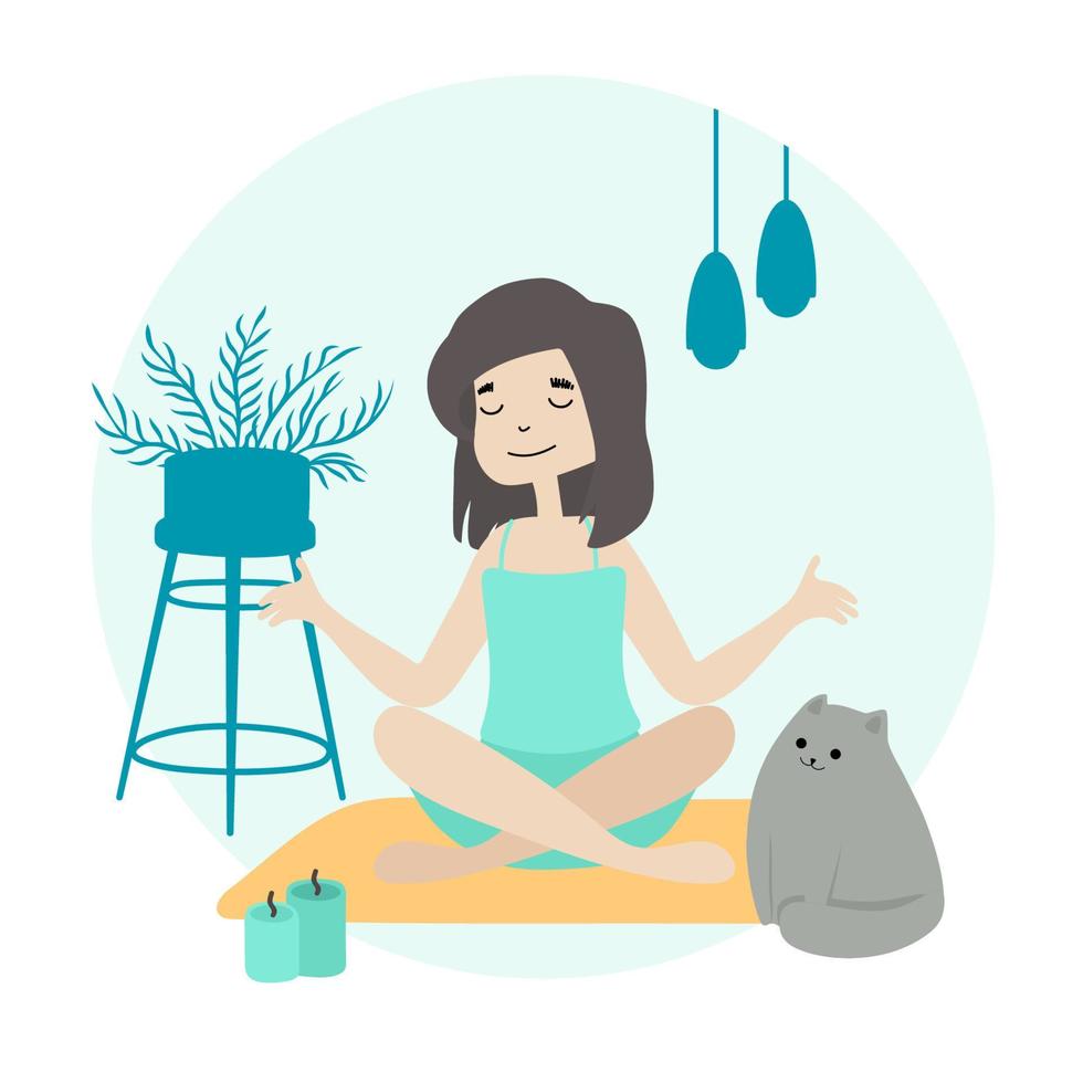 Girl doing morning yoga at home. Girl sitting in calm lotus pose. Wellness healthcare. Lifestyle. Daily Routine Activities. Vector flat. Life with cat