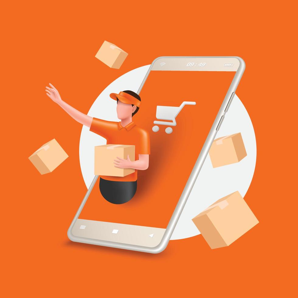 delivery man standing holding parcel box in front of smartphone screen vector