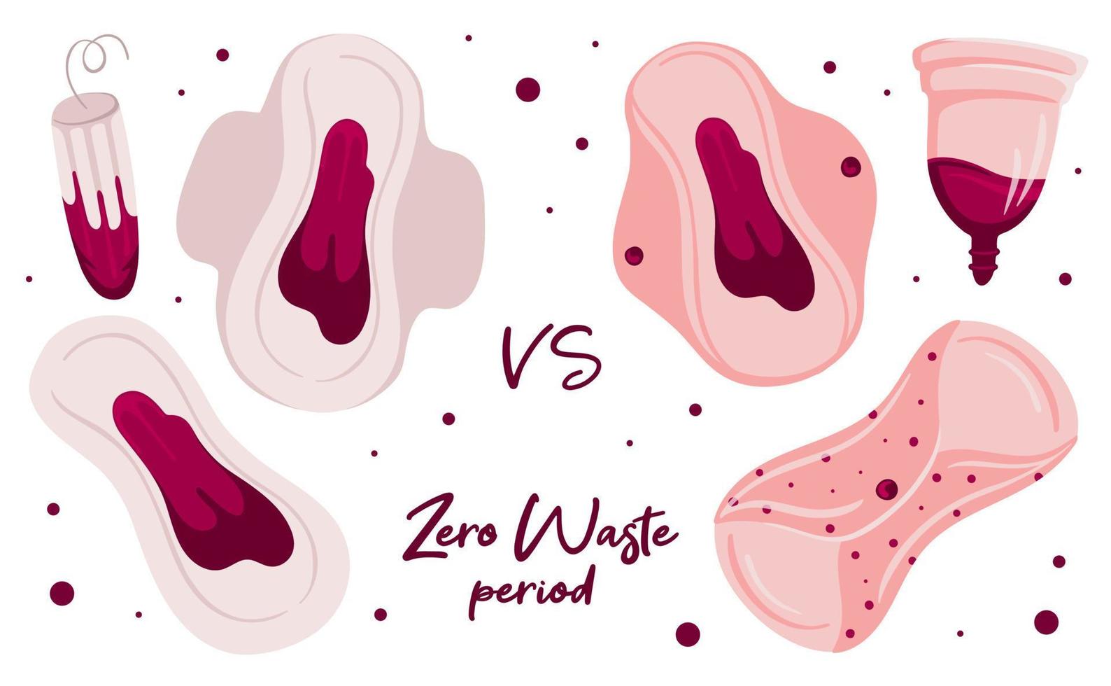 Zero waste Menstruation Period vs usual tampons and pads.  Menstrual cup and reusable pad. Vector illustration. Reusable eco friendly concept.