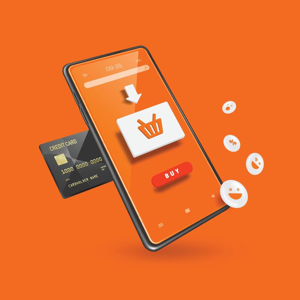 Arrow points to shopping cart icon to confirm the purchase and a smile icon floats on front of the smartphone vector