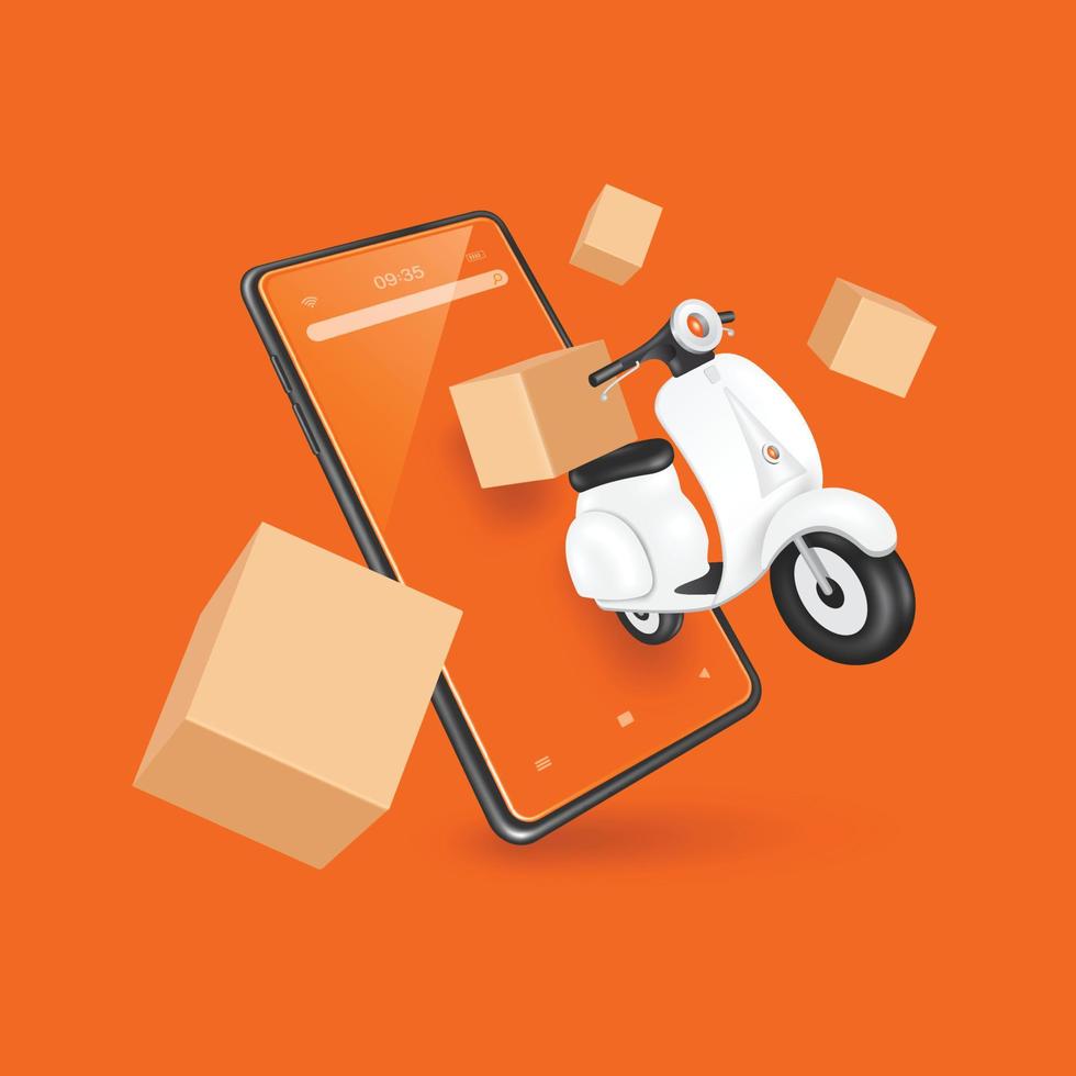 Motorcycles or scooters and parcel boxes floating on the smartphone screen vector