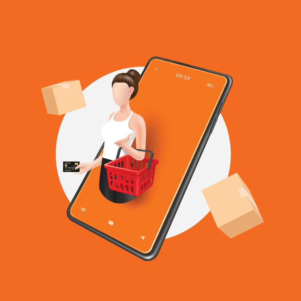 woman wearing tank top Stand holding red shopping basket and handing credit card and all on smartphone screen vector