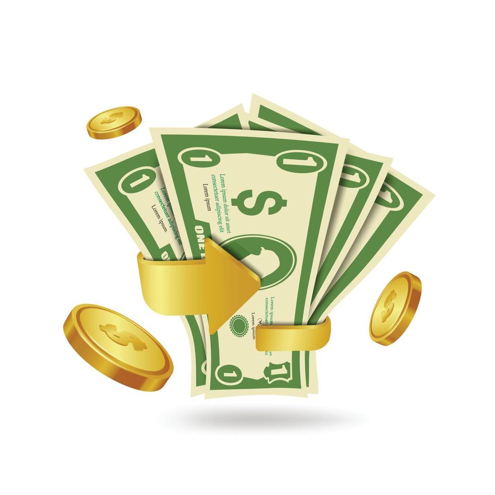 Golden arrow circles around the dollar bill. And there were gold coins floating around vector
