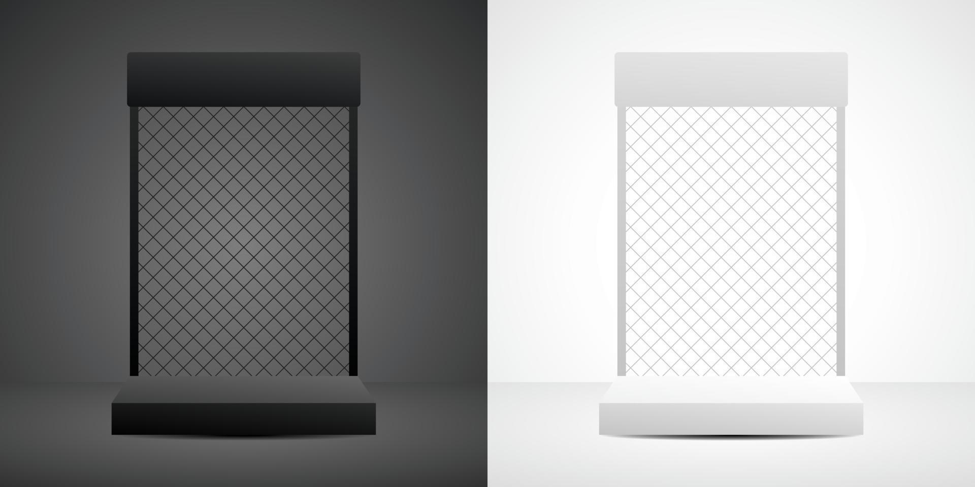 negro y blanco monitor estar estante con cadena enlace 3d ilustración vector para poniendo ropa deportiva y ropa de calle producto o otro objeto