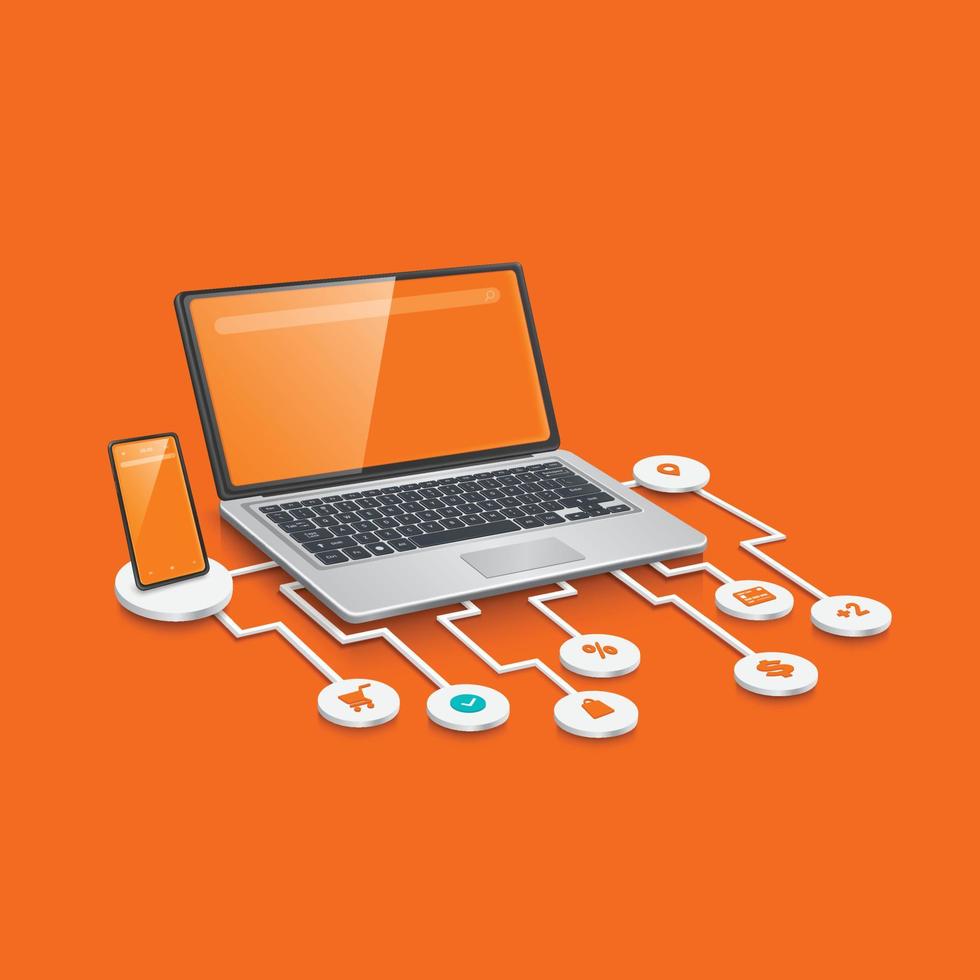 múltiple compras íconos metido en un circuito tablero ese transmite datos a ordenadores laptops y teléfonos inteligentes vector