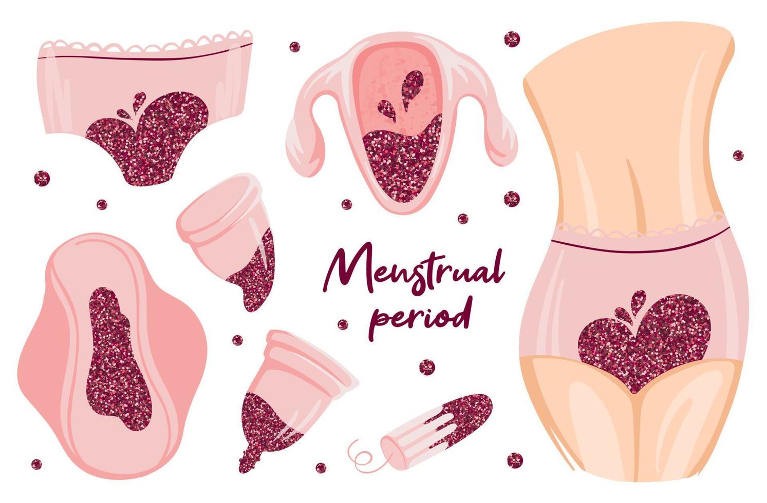 Menstruation Period with glitter blood. Hygiene products. Zero waste panties, pads, cups. Menstrual protection, feminine hygiene. Hand drawn vector illustration isolated.