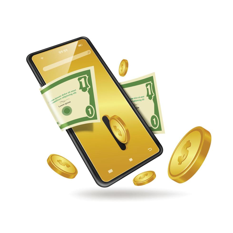 Gold coins flowed out of the smartphone compartment and floated around vector