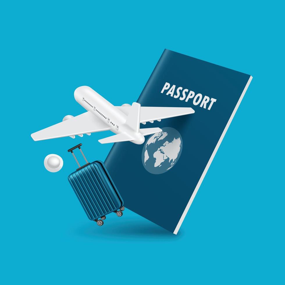 airplane and luggage floated in front of the passport for air transport media and tourism during high season vector