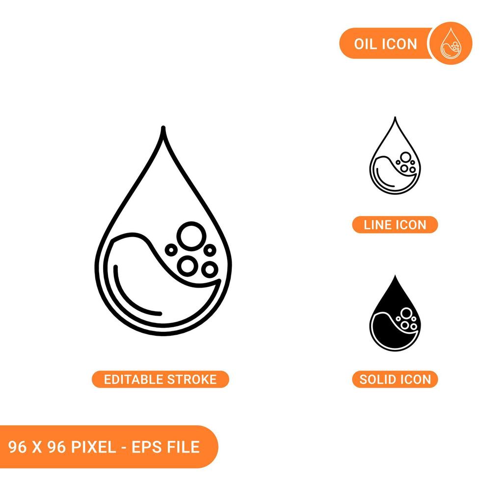 Oil icons set vector illustration with solid icon line style. Fuel droplet concept. Editable stroke icon on isolated background for web design, infographic and UI mobile app.