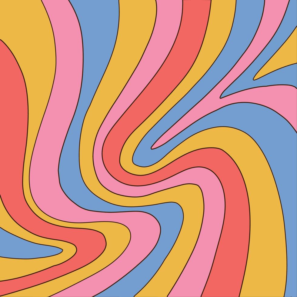 Retro groovy background with rainbow stripes. Abstract colourful and textured wavy shapes design.Hand drawn vector illustration with editable outline path