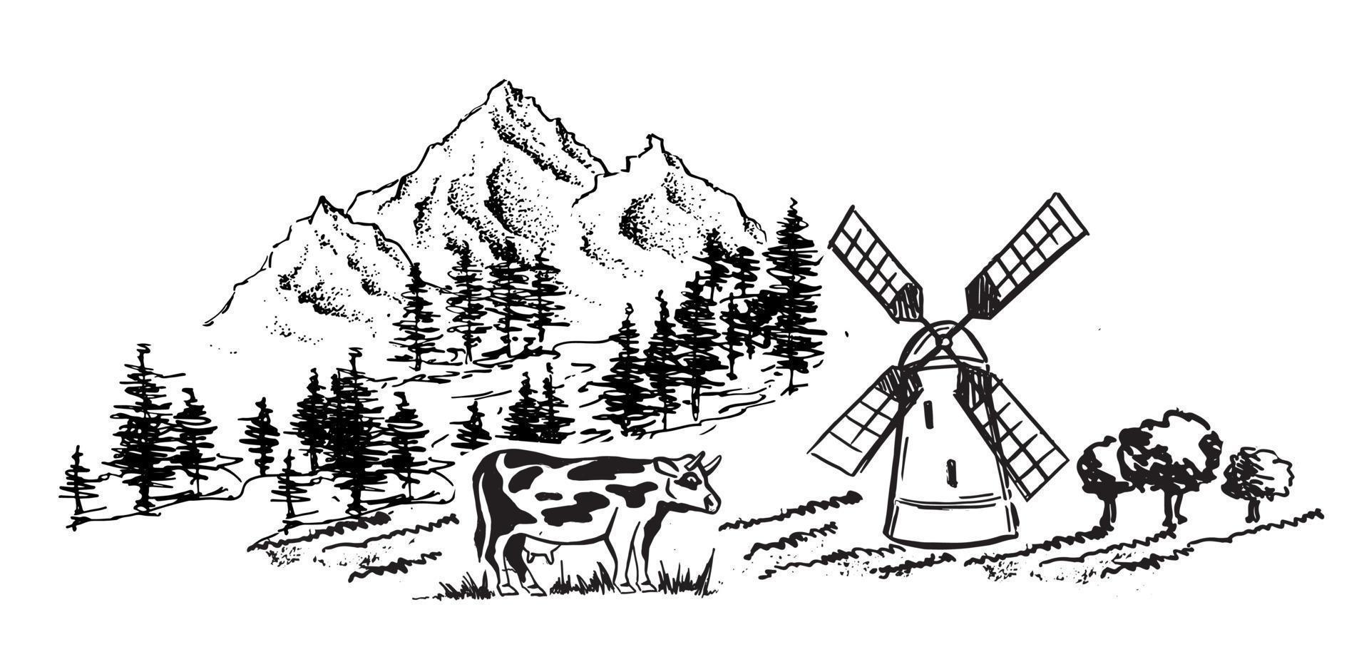 montaña paisaje, vaca en negro. vector