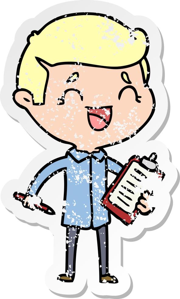 distressed sticker of a cartoon laughing man with clip board vector