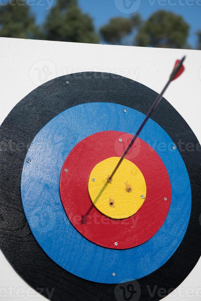 Arrow in the center of target for archery, closeup photo