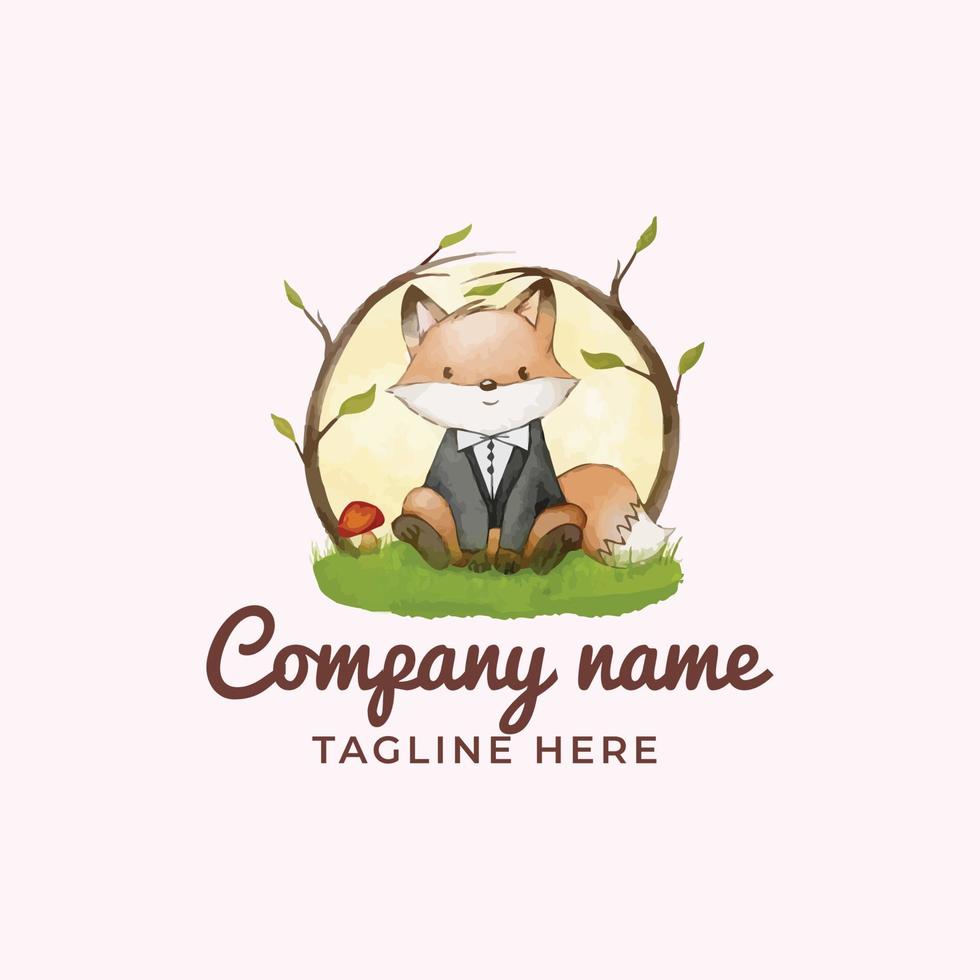 Cute fox on grass watercolor logo drawing with background vector