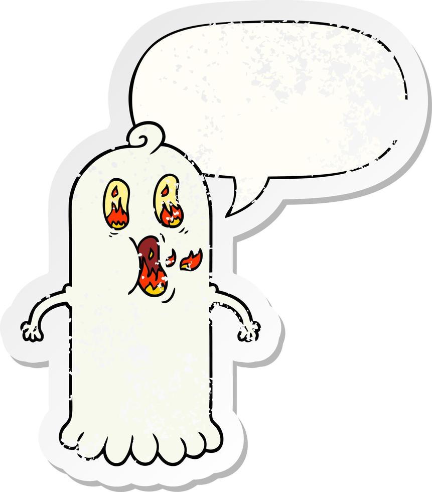 cartoon ghost and flaming eyes and speech bubble distressed sticker vector