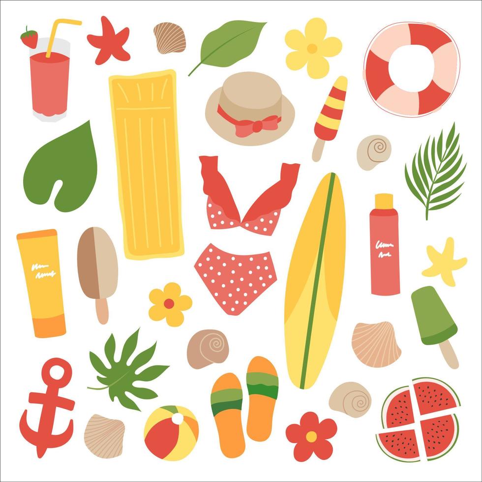 Summer and beach set of hand-drawn elements. Vector illustration