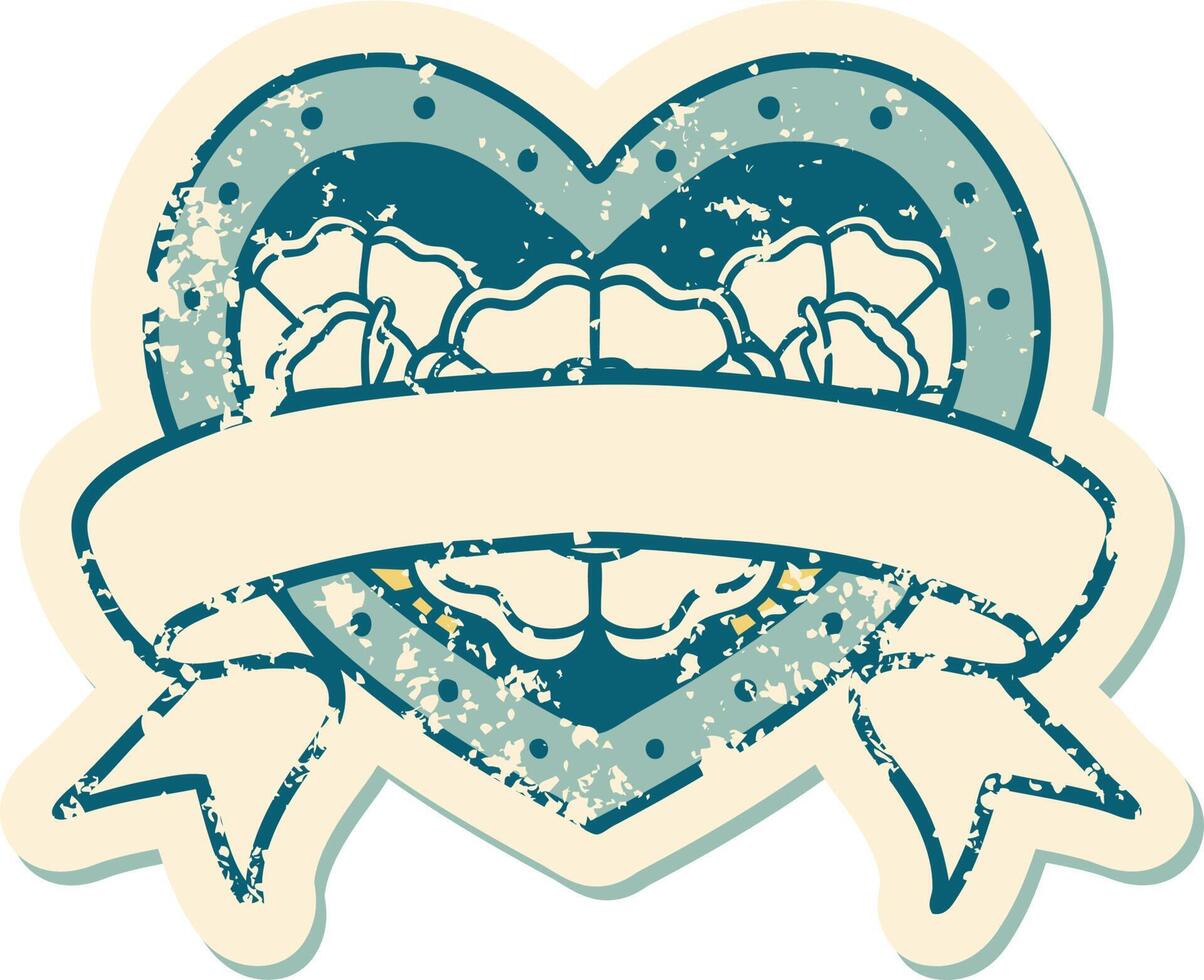 iconic distressed sticker tattoo style image of a heart and banner with flowers vector