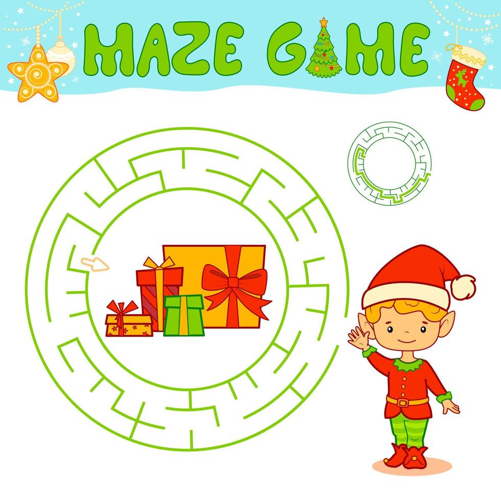 Christmas maze puzzle game for children. Circle maze or labyrinth game with boy elf. vector