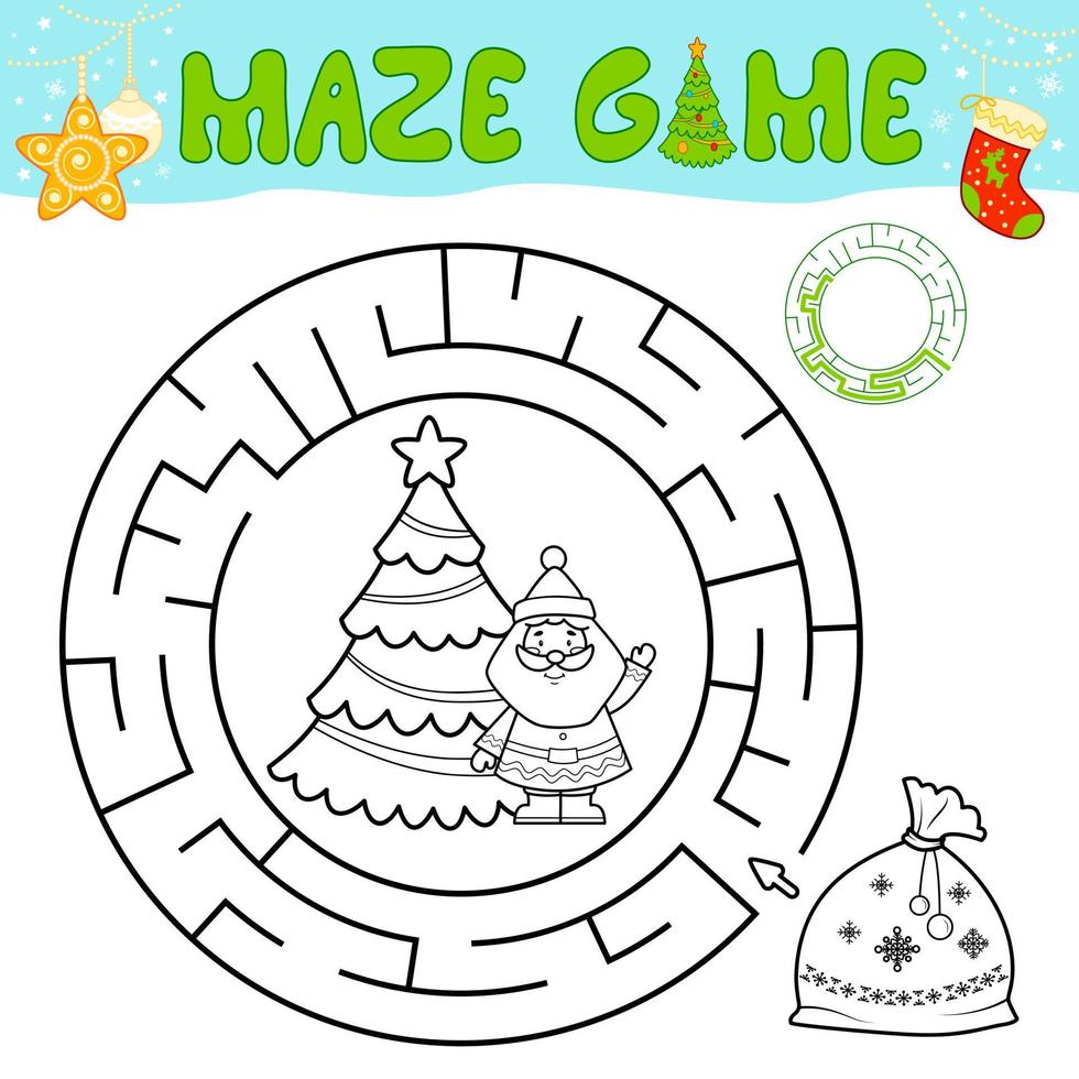 Christmas black and white maze puzzle game for children. Outline circle maze or labyrinth game with Christmas bag. vector