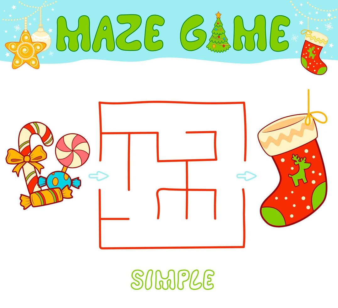 Christmas Maze puzzle game for children. Simple Maze or labyrinth game with Christmas Sock. vector