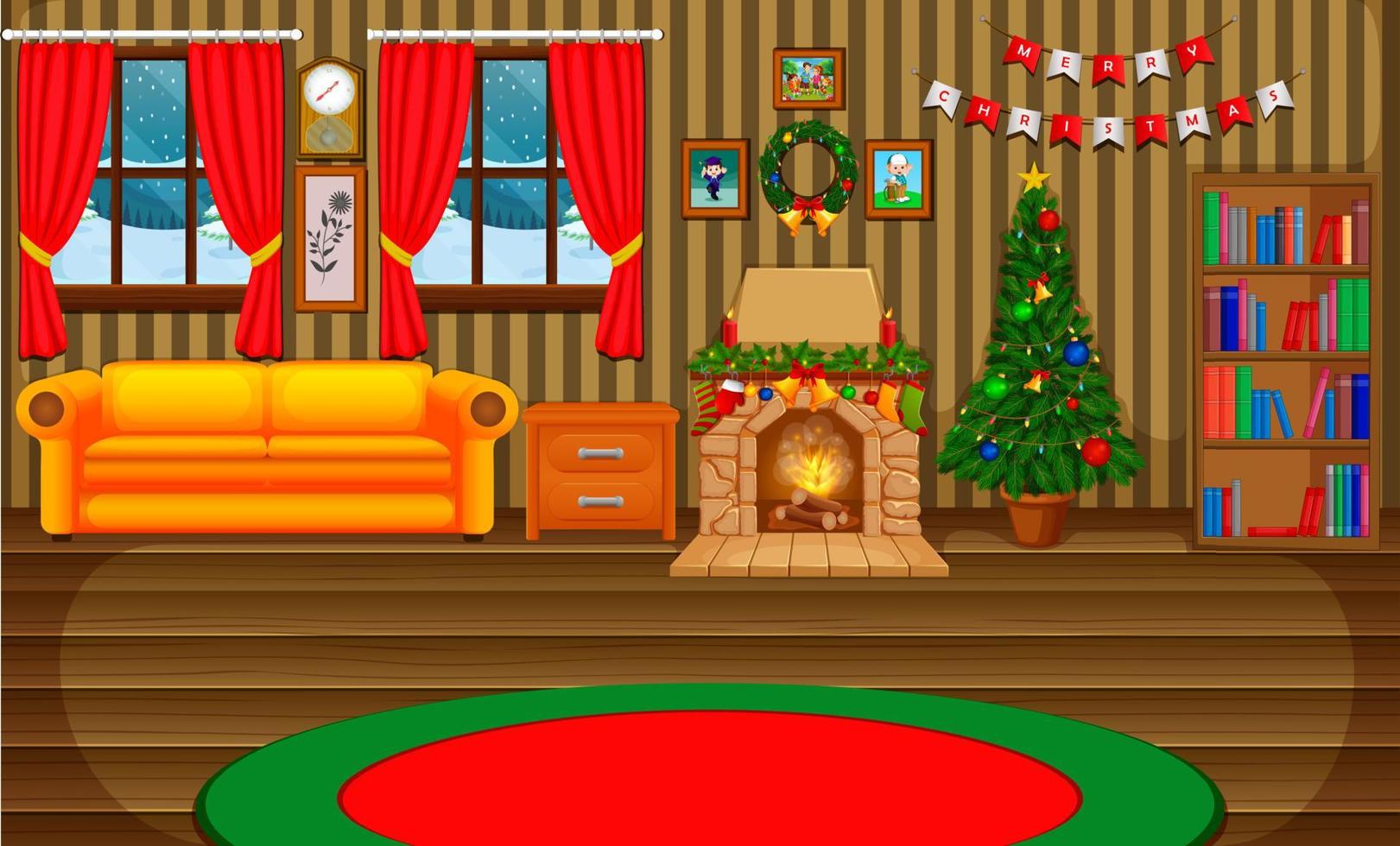 Christmas living room with a tree and fireplace vector