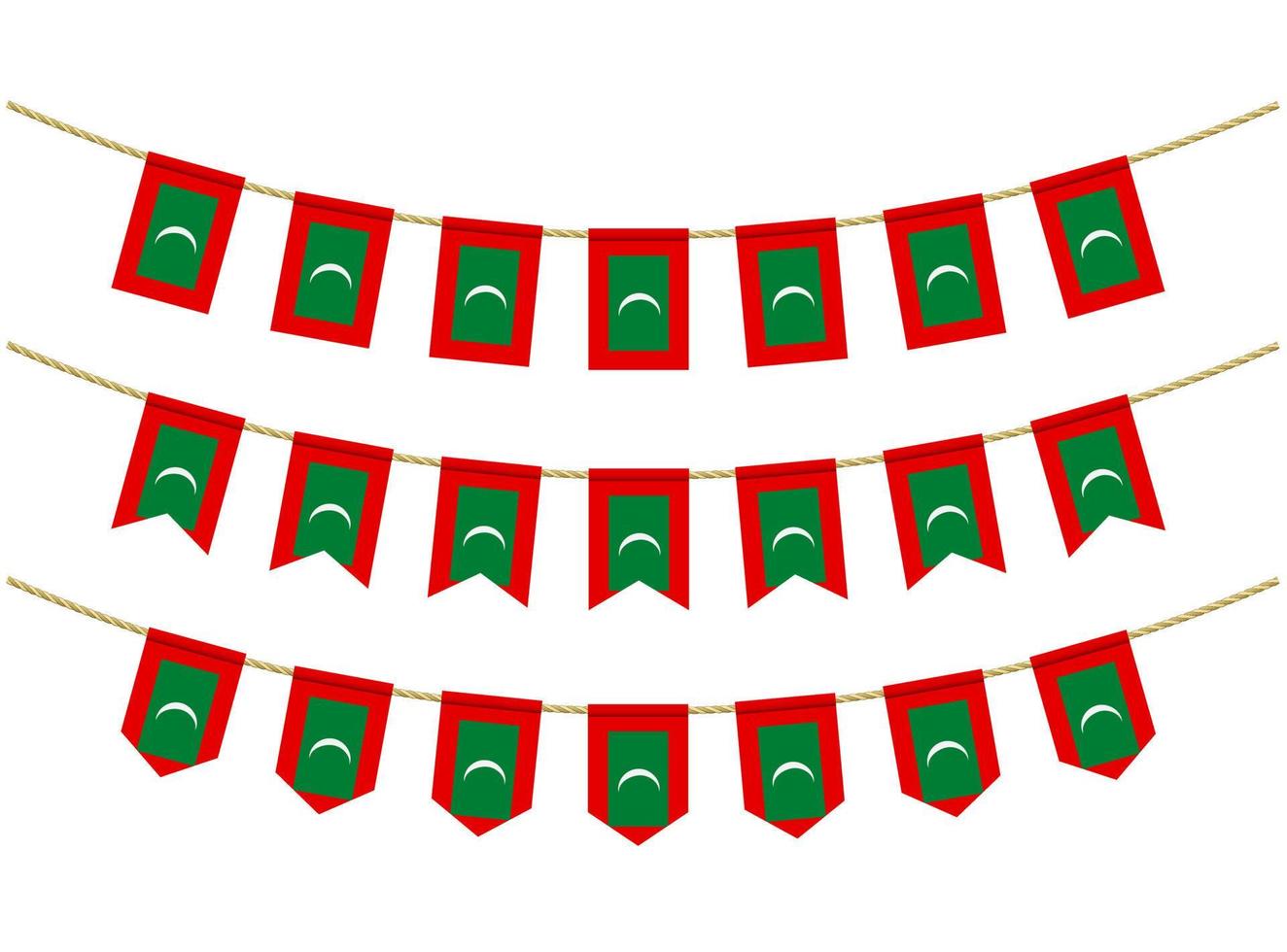 Maldives flag on the ropes on white background. Set of Patriotic bunting flags. Bunting decoration of Maldives flag vector