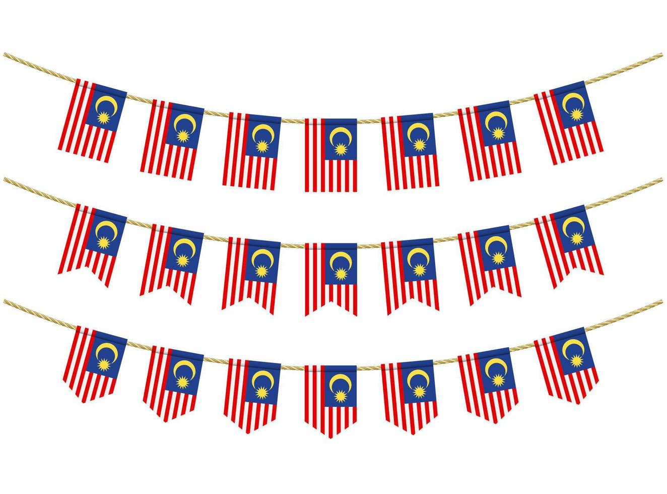 Malaysia flag on the ropes on white background. Set of Patriotic bunting flags. Bunting decoration of Malaysia flag vector