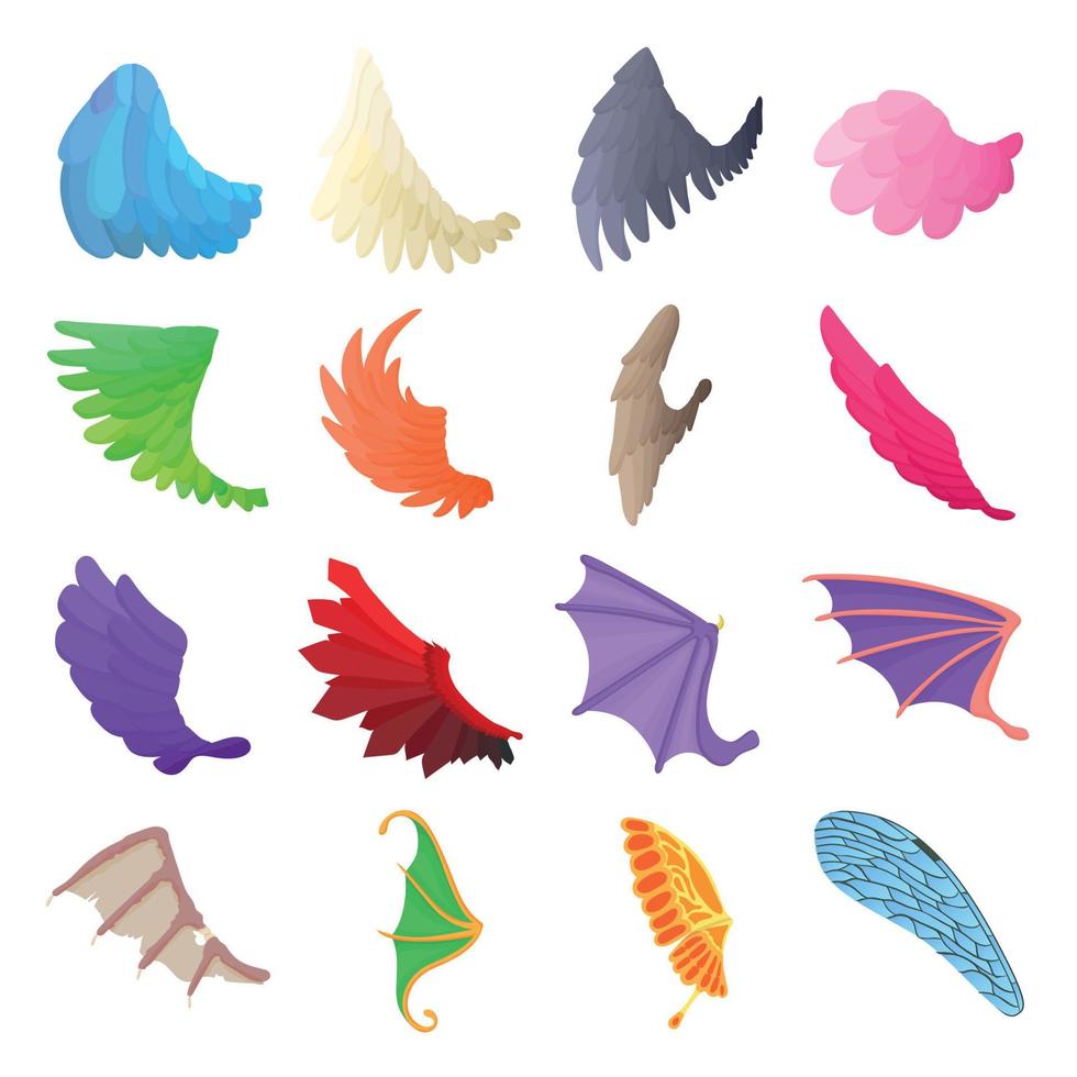 Wing icons set, cartoon style vector