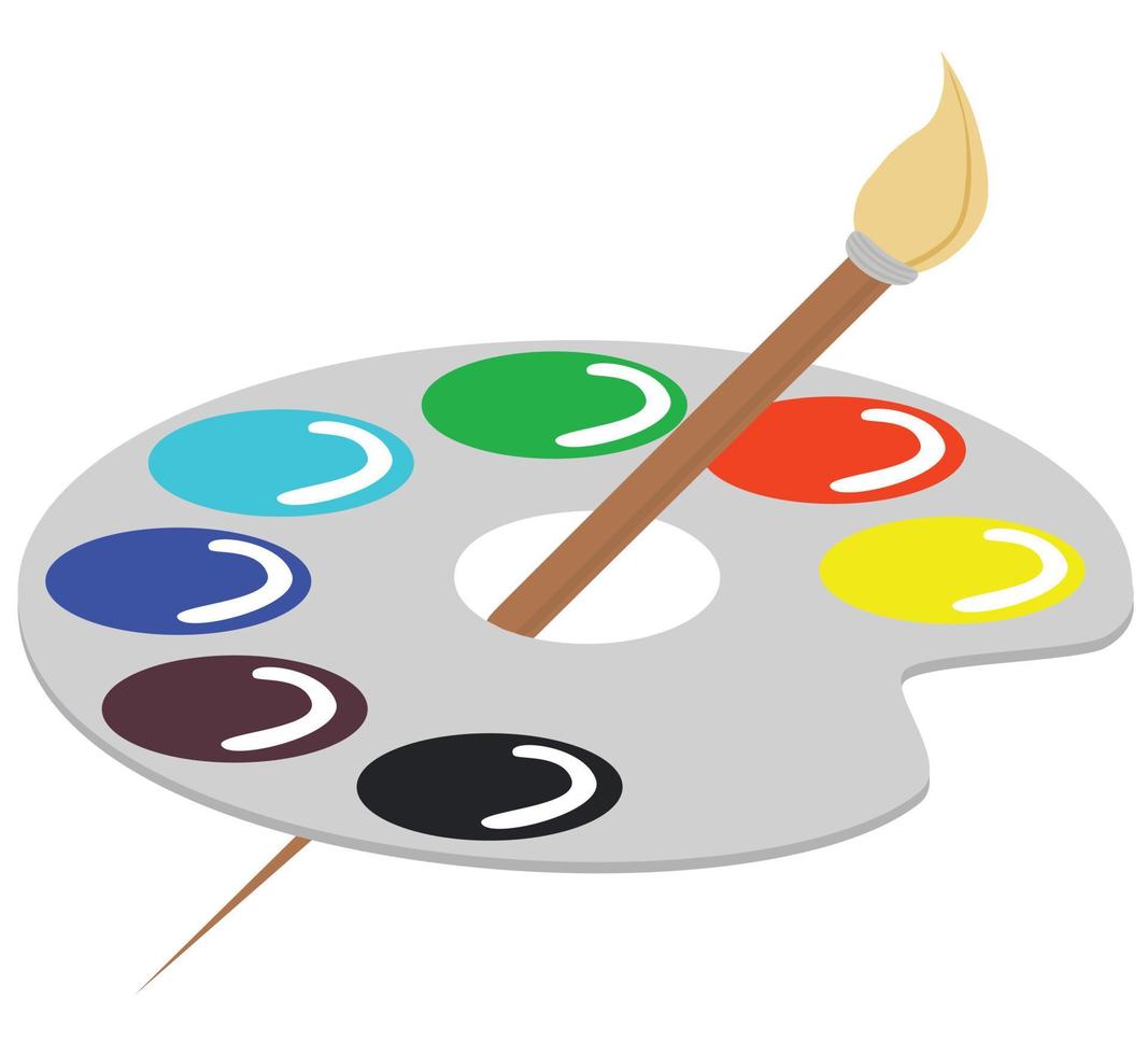 A set of paints in the form of a palette and a brush. Vector illustration isolated on white background.