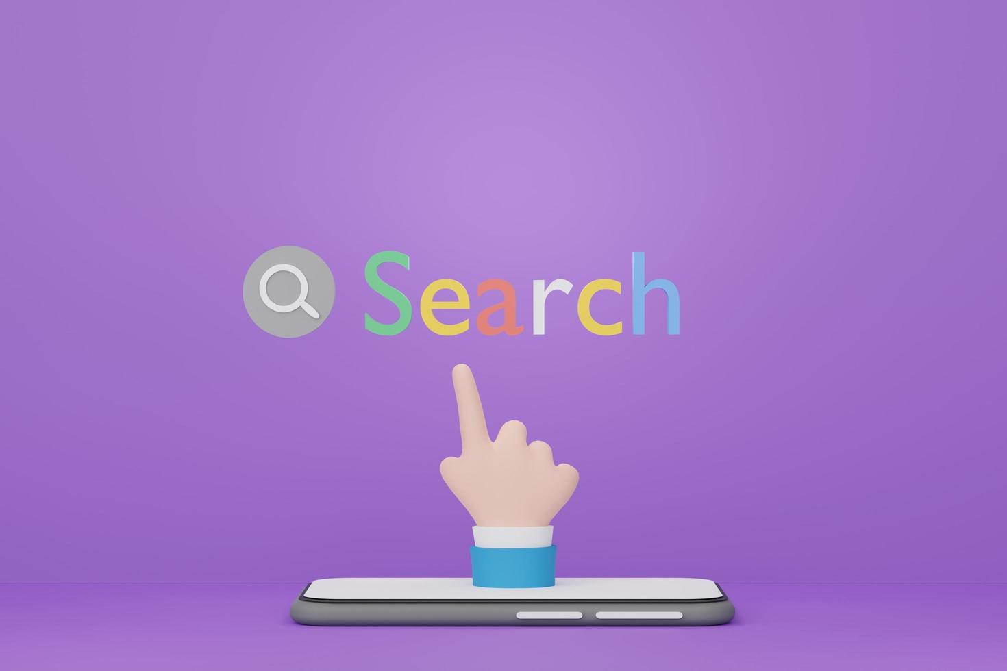 3d minimal cartoon hand that finger pointing at search text button on purple background. photo