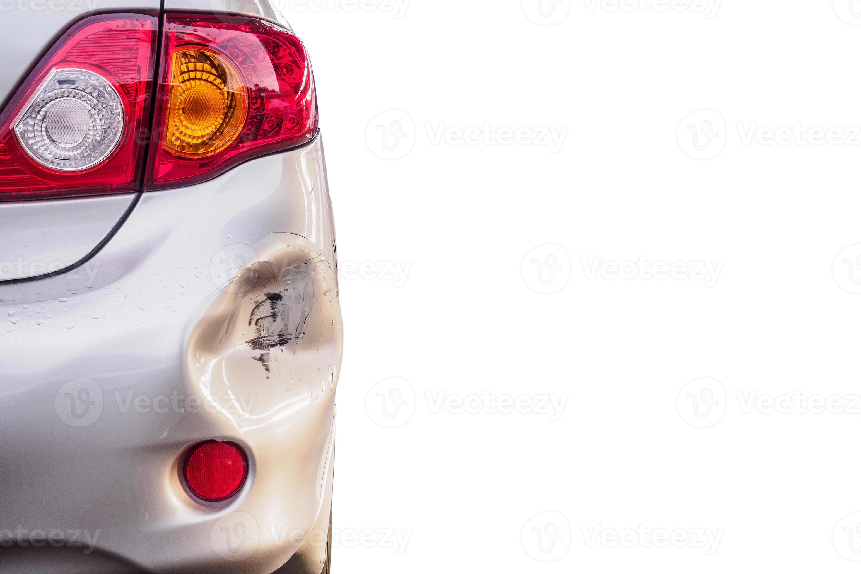 car has dented rear bumper damaged after accident isolated on white