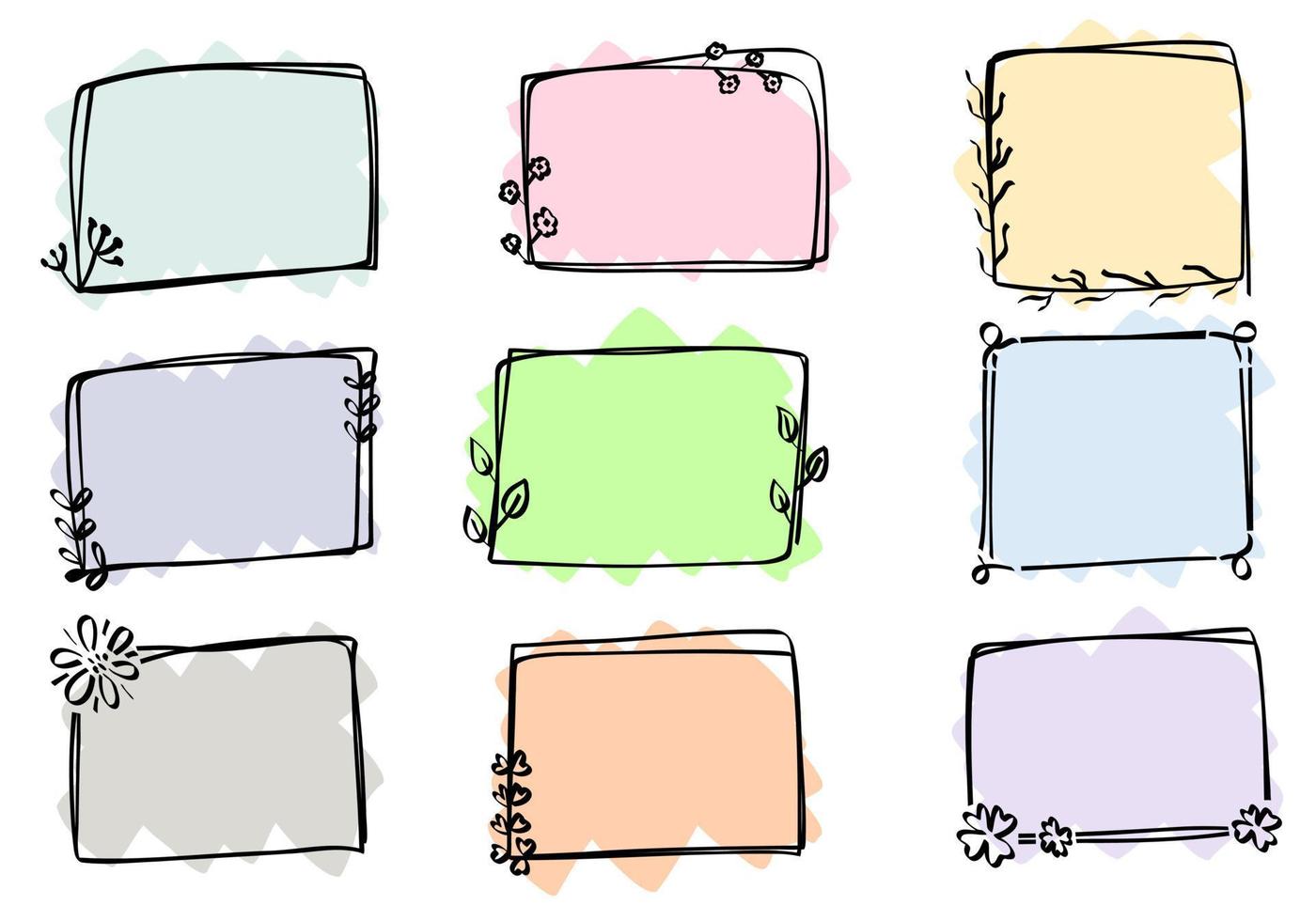 Abstract doodle multicoloured frames set hand drawn. Cute square lines with circles, square collection. vector