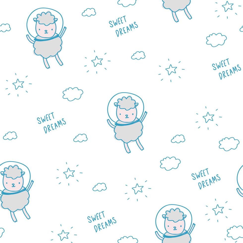 Cute white pattern line doodle sheep, stars, clouds. Seamless background. Textile cosmos, space for children. Minimalism paper scrapbook for baby. vector