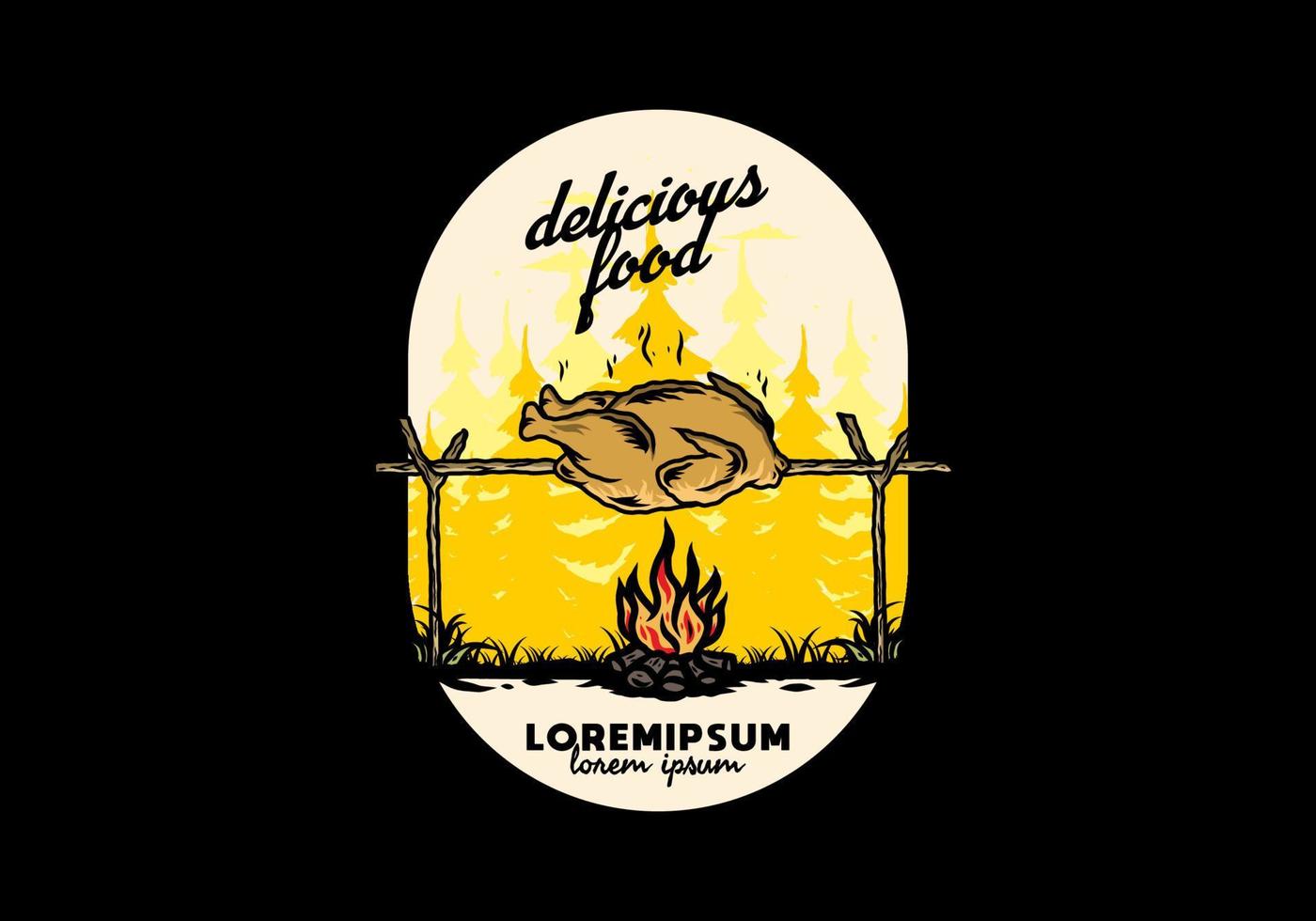Grilling chicken over bonfire illustration design vector