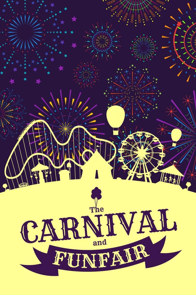Carnival funfair banner with firework on night sky. Amusement park with circus, carousels, roller coaster, attractions on fireworks sparkles rays background. Fun fair festival vector eps poster