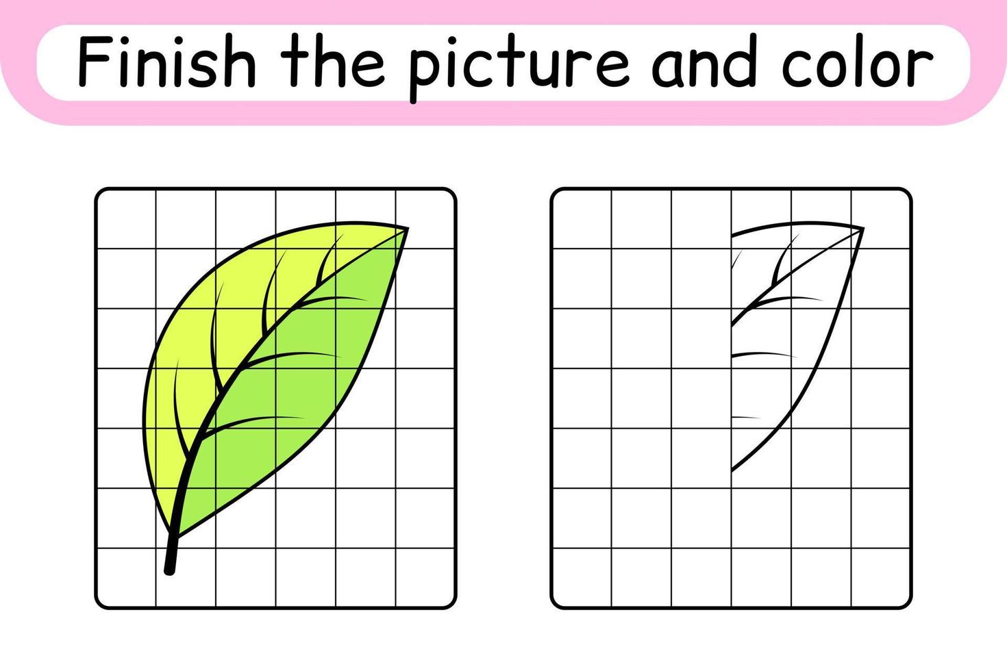 Complete the picture leaf. Copy the picture and color. Finish the image. Coloring book. Educational drawing exercise game for children vector