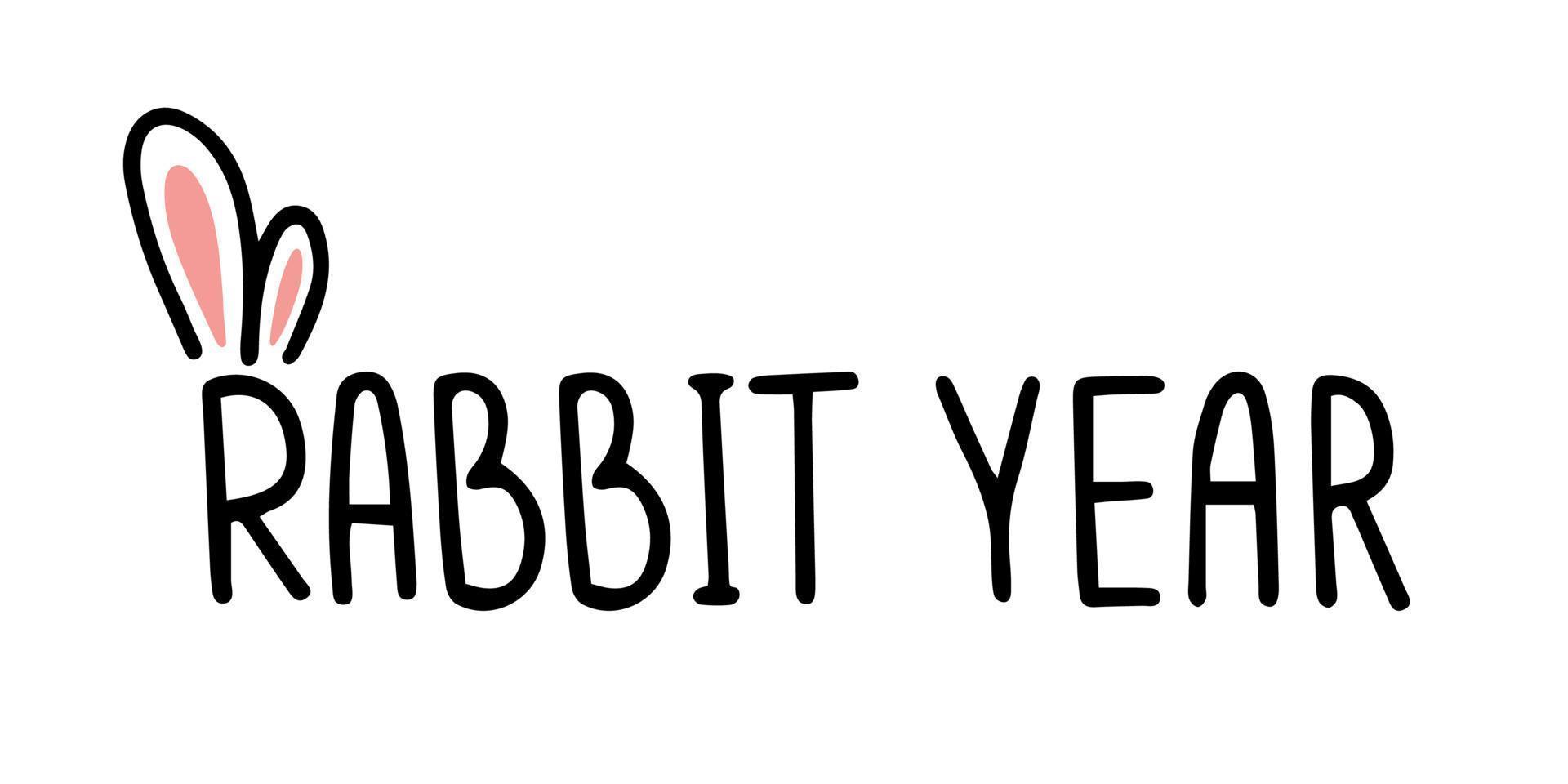 Vector illustration. Handwritten calligraphic brush lettering composition of Rabbit year with bunny ears on white background. For banner and card