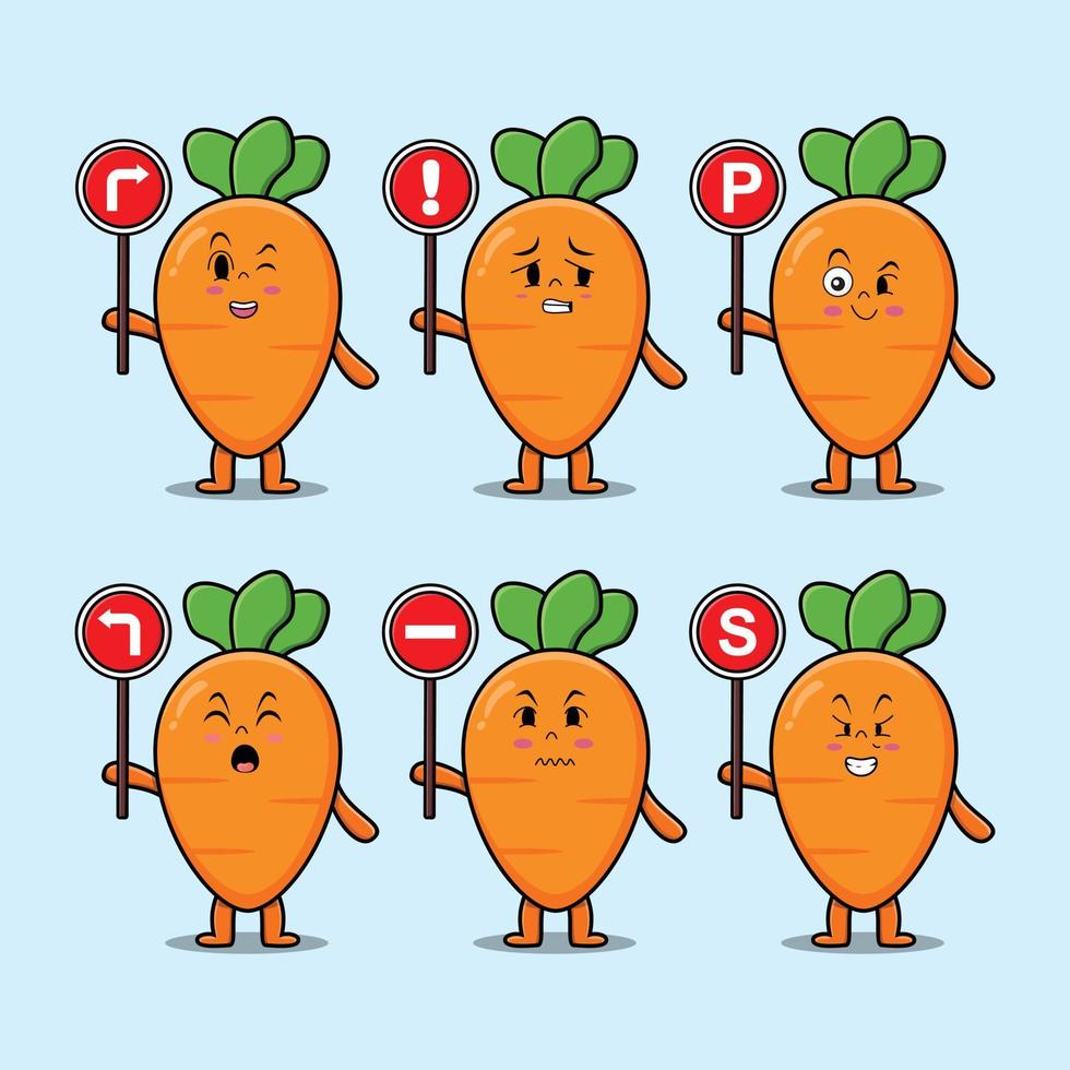 lindo personaje de dibujos animados de zanahoria con señal de tráfico vector