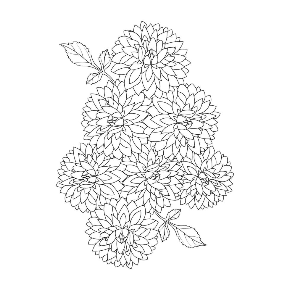 dahlia o dalia flor página para colorear de ilustraciones vectoriales en boceto dibujado a mano estilo garabato arte lineal vector