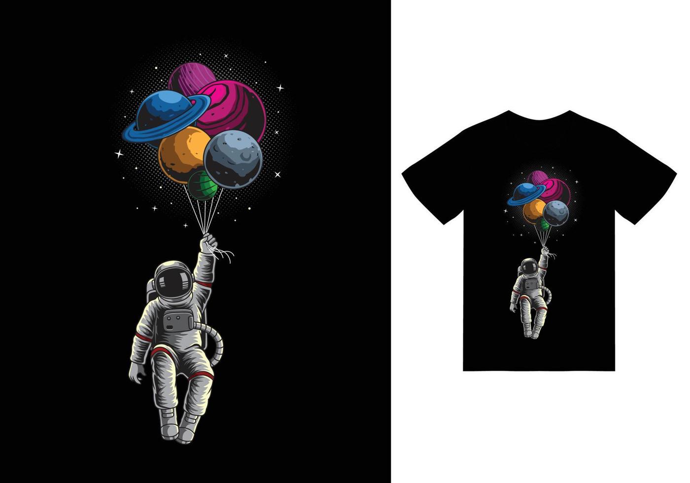 Astronaut floating planet balloon illustration with tshirt design premium vector