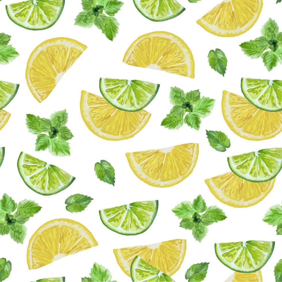 Watercolor seamless pattern lime and lemon slices and mint vector