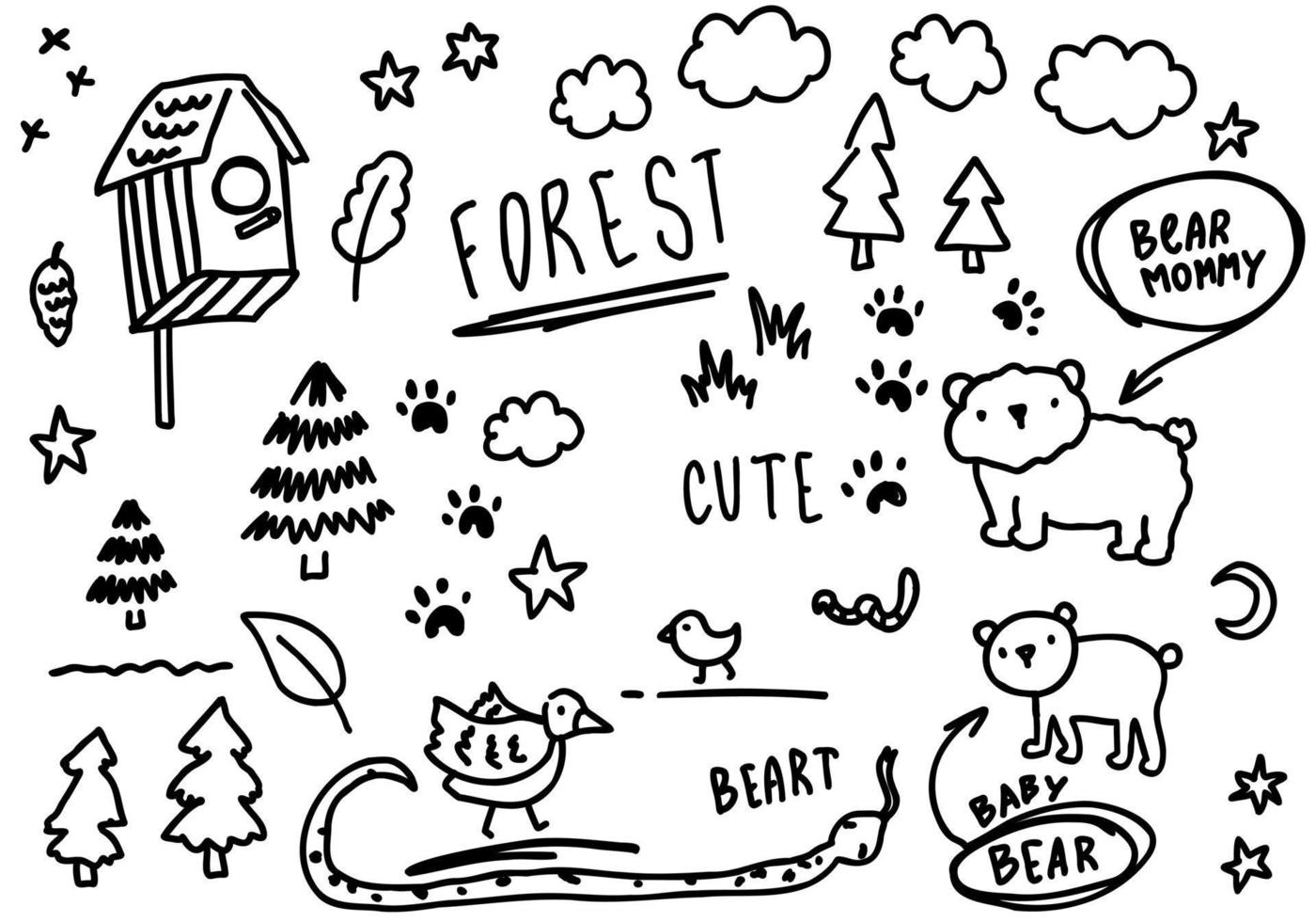 Doodle forest, paws, bear, trees, text. Sketch set cute isolated line collection. vector