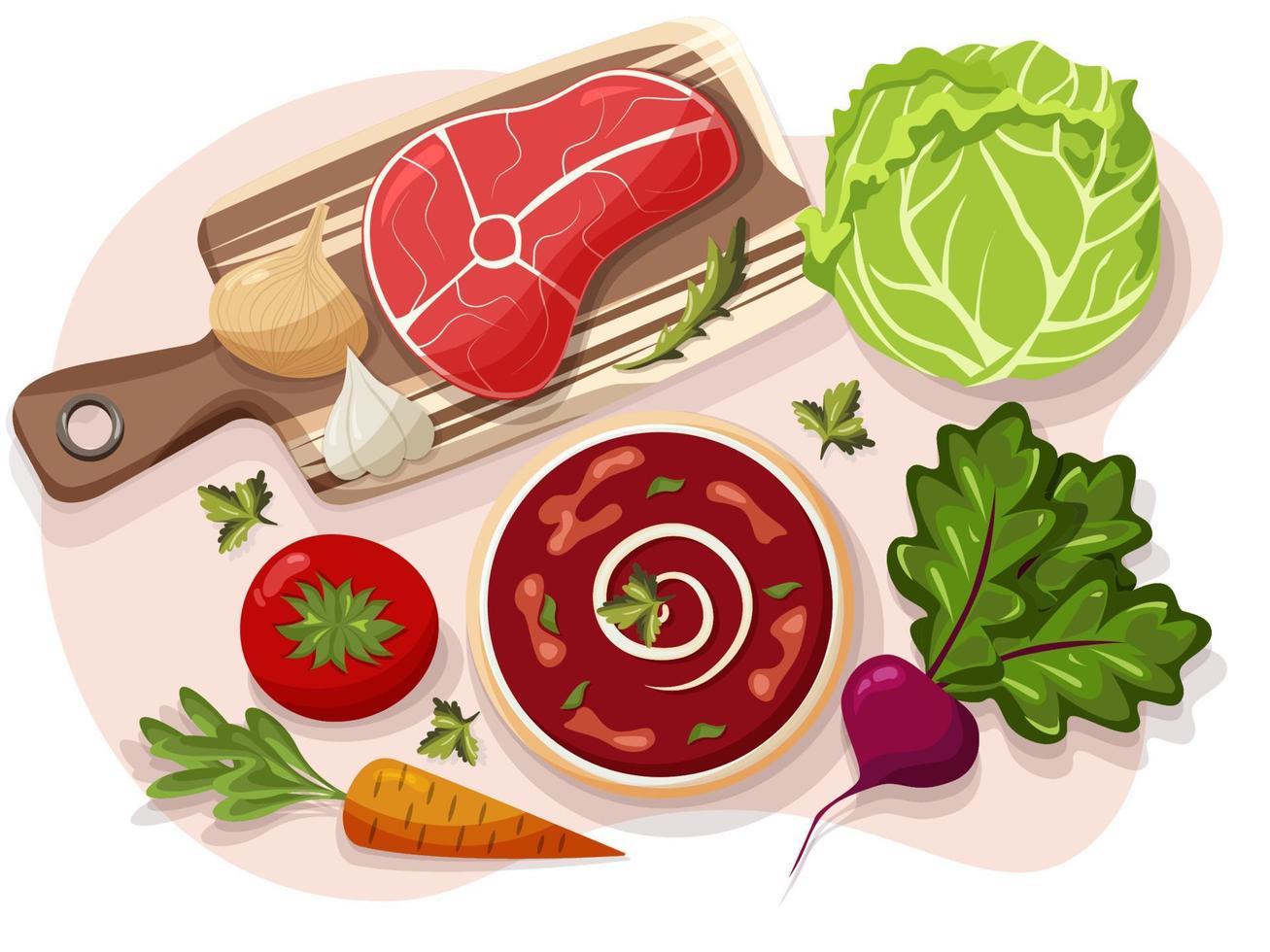 Ukrainian national meal borscht with all ingredients around. Vector illustration