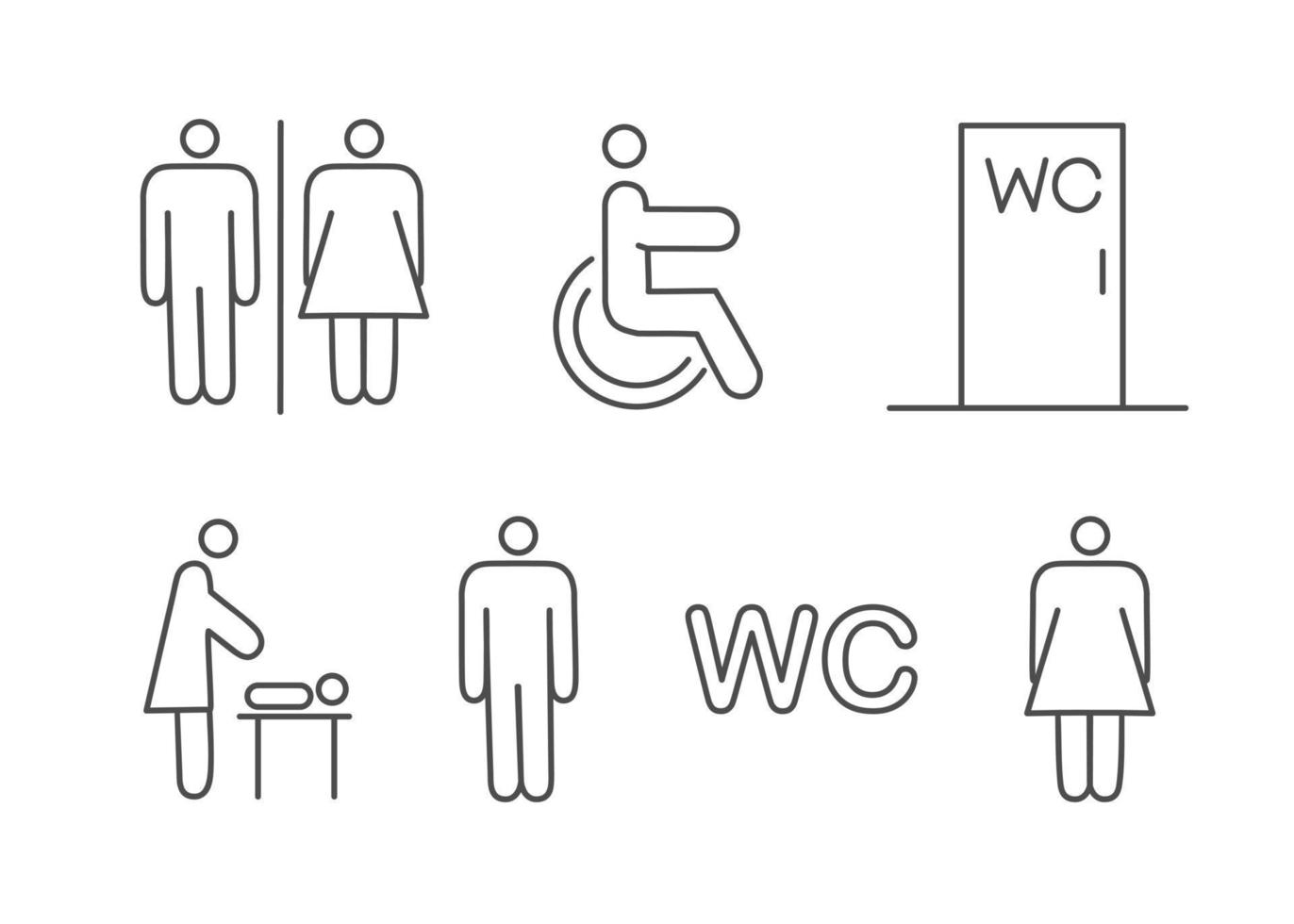 Set of toilet navigation icons. Wayfinding wc female male for disabled and mother and child room. Vector illustration