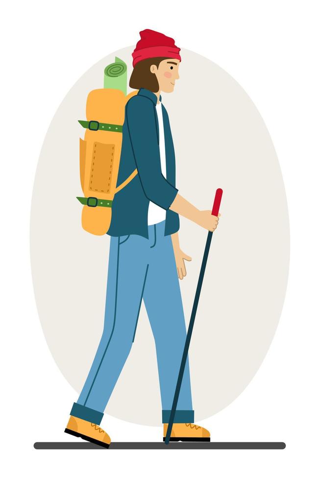 Man traveler is engaged in hiking Hiking with a backpack A tourist in the mountains Vector illustration